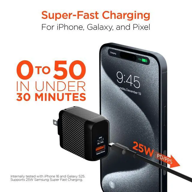 Alt view image 3 of 7 - HyperGear SpeedBoost 25W USB-C PD + 12W USB Fast Wall Charger with PPS and 6ft USB-C Cable