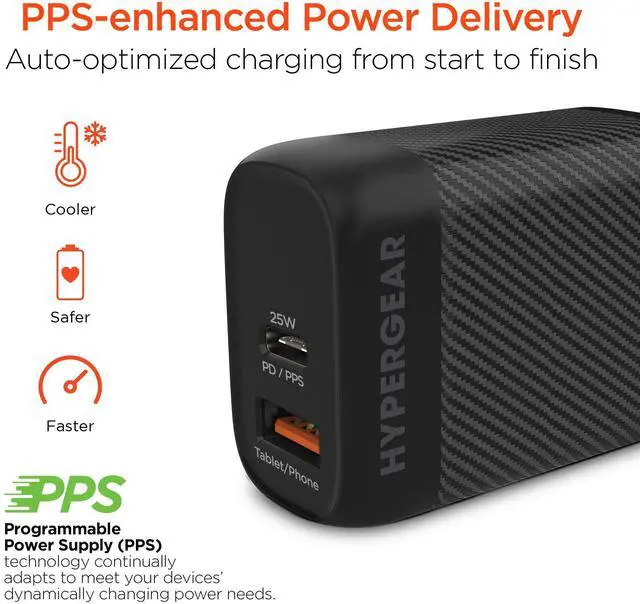 Alt view image 4 of 7 - HyperGear SpeedBoost 25W USB-C PD + 12W USB Fast Wall Charger with PPS and 6ft USB-C Cable