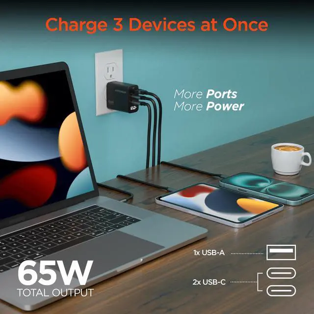 Alt view image 2 of 7 - HyperGear SpeedBoost 65W USB-C PD Tri-Port GaN Laptop Charger with PPS and Digital Display