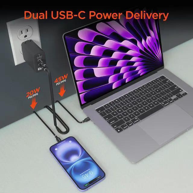 Alt view image 3 of 7 - HyperGear SpeedBoost 65W USB-C PD Tri-Port GaN Laptop Charger with PPS and Digital Display