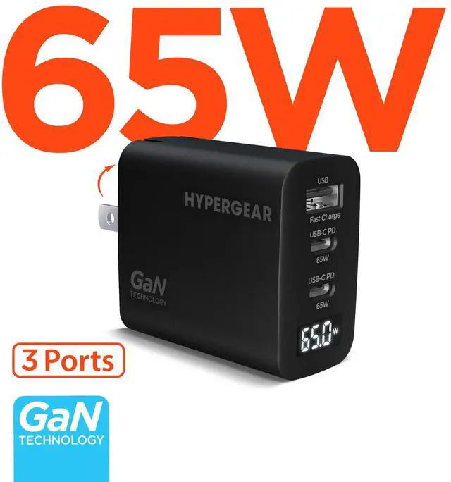 Main image of HyperGear SpeedBoost 65W USB-C PD Tri-Port GaN Laptop Charger with PPS and Digital Display