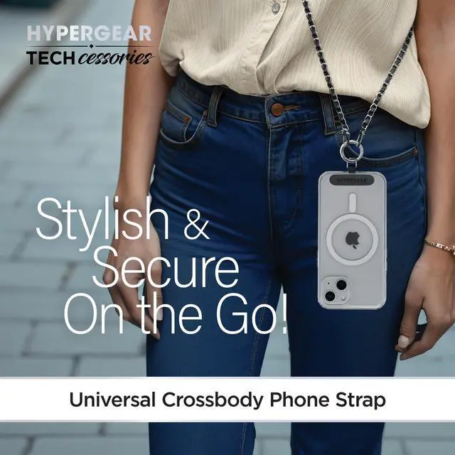 Alt view image 3 of 7 - HyperGear TECHcessories Silver Chain with Black Vegan Leather Universal Crossbody Phone Strap