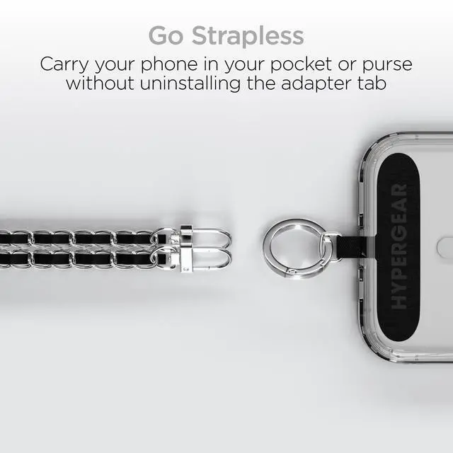 Alt view image 7 of 7 - HyperGear TECHcessories Silver Chain with Black Vegan Leather Universal Crossbody Phone Strap