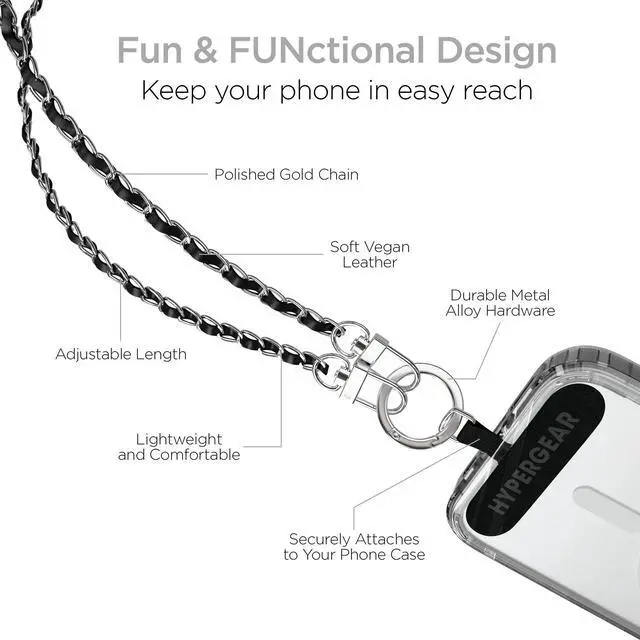 Alt view image 6 of 7 - HyperGear TECHcessories Silver Chain with Black Vegan Leather Universal Crossbody Phone Strap