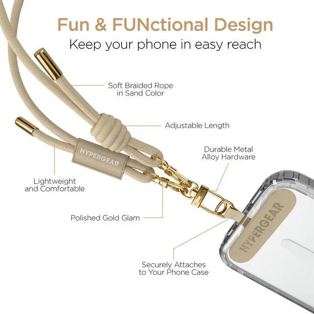 Alt view image 5 of 6 - HyperGear TECHcessories Sand Rope with Gold Accents Universal Crossbody Phone Strap