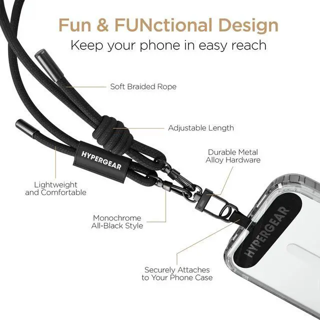 Alt view image 3 of 7 - HyperGear TECHcessories Black Braided Rope Universal Crossbody Phone Strap