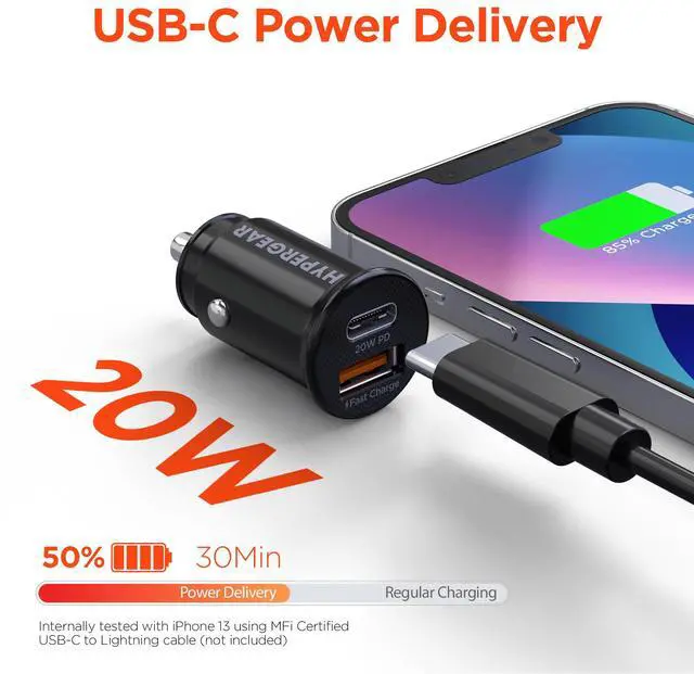 Alt view image 2 of 7 - HyperGear Mini 20W USB-C PD + 18W USB Fast Car Charger Black