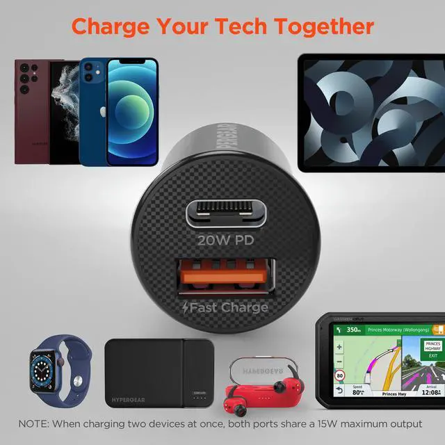 Alt view image 3 of 7 - HyperGear Mini 20W USB-C PD + 18W USB Fast Car Charger Black
