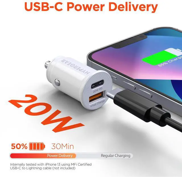 Alt view image 2 of 7 - HyperGear Mini 20W USB-C PD + 18W USB Fast Car Charger White