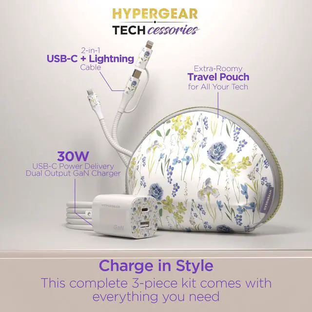 Alt view image 6 of 7 - HyperGear TECHcessories 30W USB-C PD Charging Kit with Travel Pouch Floral