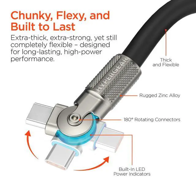 Alt view image 2 of 7 - HyperGear Chunky180° 100W USB-C to USB-C Rugged Fast Charge Cable 12ft Black