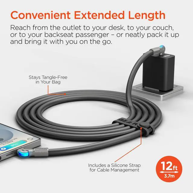 Alt view image 7 of 7 - HyperGear Chunky180° 100W USB-C to USB-C Rugged Fast Charge Cable 12ft Black