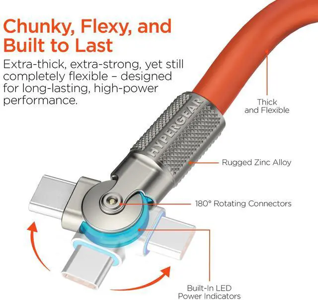 Alt view image 2 of 7 - HyperGear Chunky180° 100W USB-C to USB-C Rugged Fast Charge Cable 12ft Orange