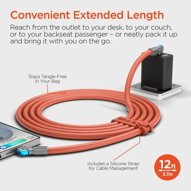 Alt view image 7 of 7 - HyperGear Chunky180° 100W USB-C to USB-C Rugged Fast Charge Cable 12ft Orange
