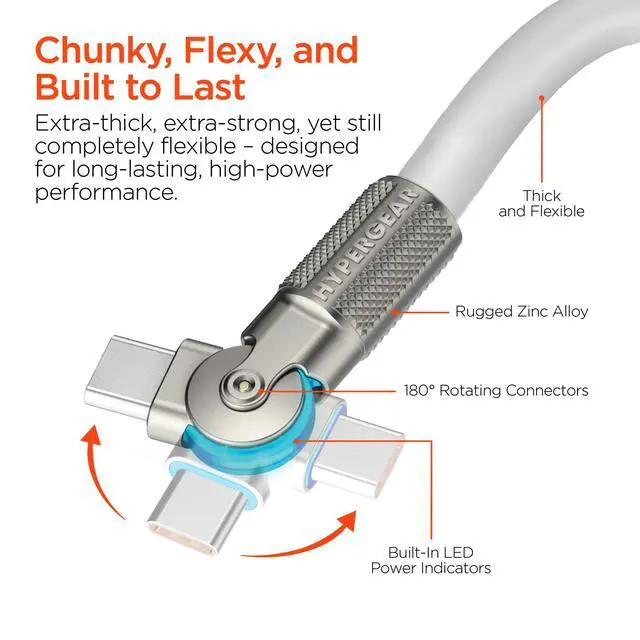 Alt view image 2 of 7 - HyperGear Chunky180° 100W USB-C to USB-C Rugged Fast Charge Cable 12ft White