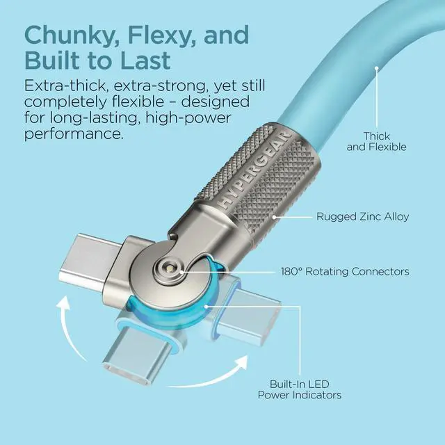 Alt view image 2 of 8 - HyperGear Chunky180° 100W USB-C to USB-C Rugged Fast Charge Cable 12ft Blue