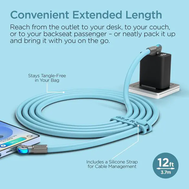 Alt view image 6 of 8 - HyperGear Chunky180° 100W USB-C to USB-C Rugged Fast Charge Cable 12ft Blue