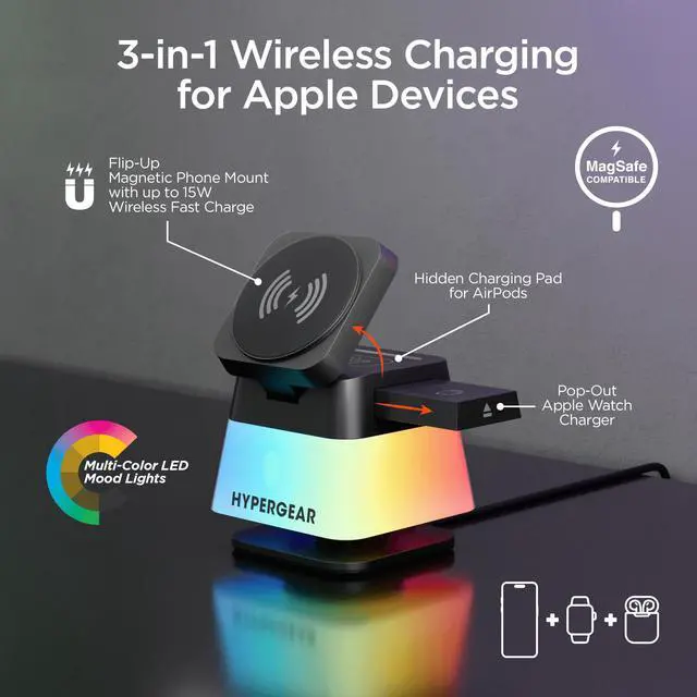 Alt view image 7 of 7 - HyperGear PowerFold Cube RGB 3-in-1 Wireless Charging Stand