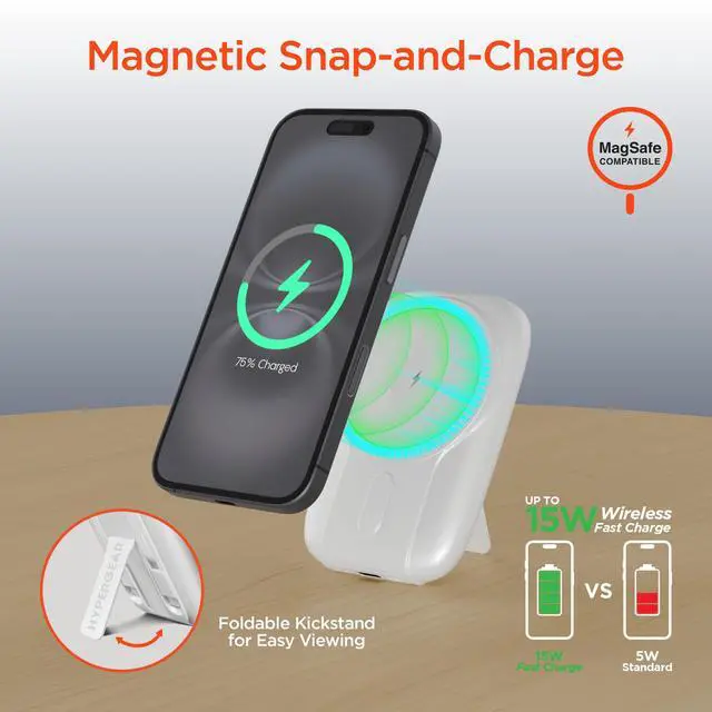 Alt view image 3 of 7 - HyperGear Mag Grip Go 5000mAh Wireless Power Bank - White