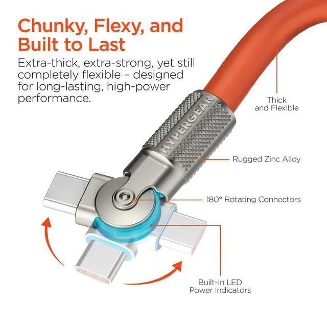 Alt view image 2 of 7 - HyperGear Chunky180° 100W USB-C to USB-C Rugged Fast Charge Cable 6ft Orange