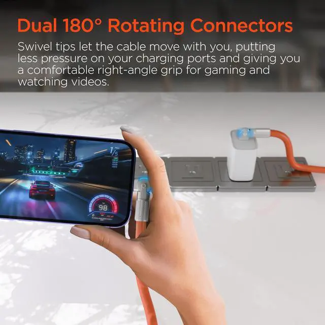 Alt view image 6 of 7 - HyperGear Chunky180° 100W USB-C to USB-C Rugged Fast Charge Cable 6ft Orange