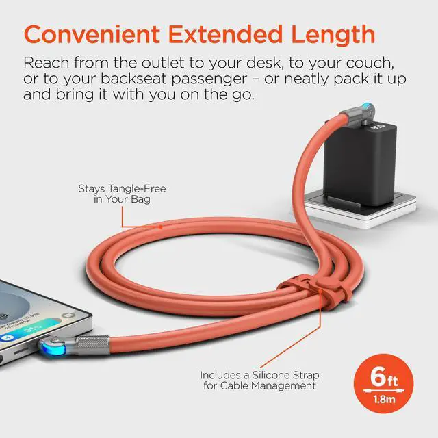 Alt view image 7 of 7 - HyperGear Chunky180° 100W USB-C to USB-C Rugged Fast Charge Cable 6ft Orange