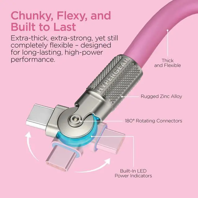 Alt view image 2 of 7 - HyperGear Chunky180° 100W USB-C to USB-C Rugged Fast Charge Cable 6ft Pink