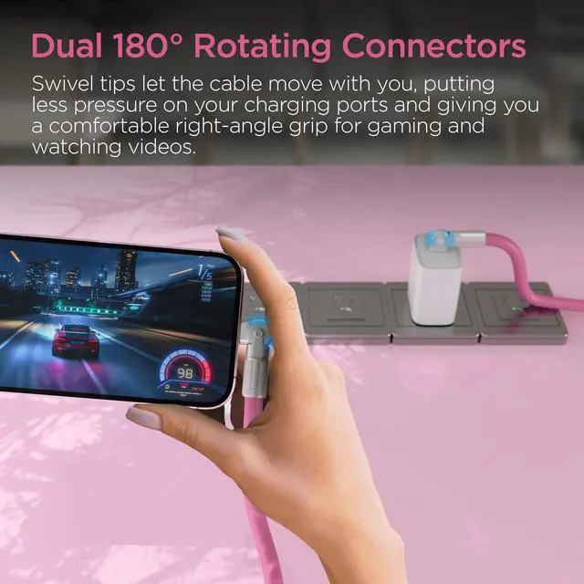 Alt view image 6 of 7 - HyperGear Chunky180° 100W USB-C to USB-C Rugged Fast Charge Cable 6ft Pink