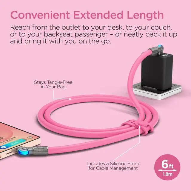 Alt view image 7 of 7 - HyperGear Chunky180° 100W USB-C to USB-C Rugged Fast Charge Cable 6ft Pink