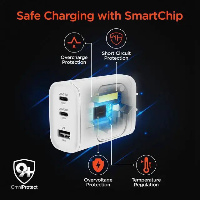 Alt view image 7 of 7 - HyperGear SpeedBoost 43W 3-Port Fast Phone and Watch Wall Charger