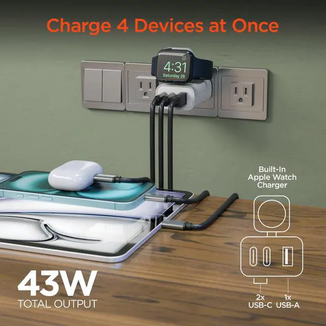 Alt view image 2 of 7 - HyperGear SpeedBoost 43W 3-Port Fast Phone and Watch Wall Charger