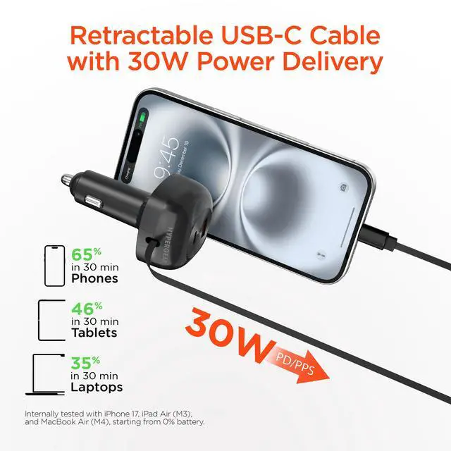 Alt view image 3 of 7 - HyperGear SpeedBoost 60W Retractable Car Charger