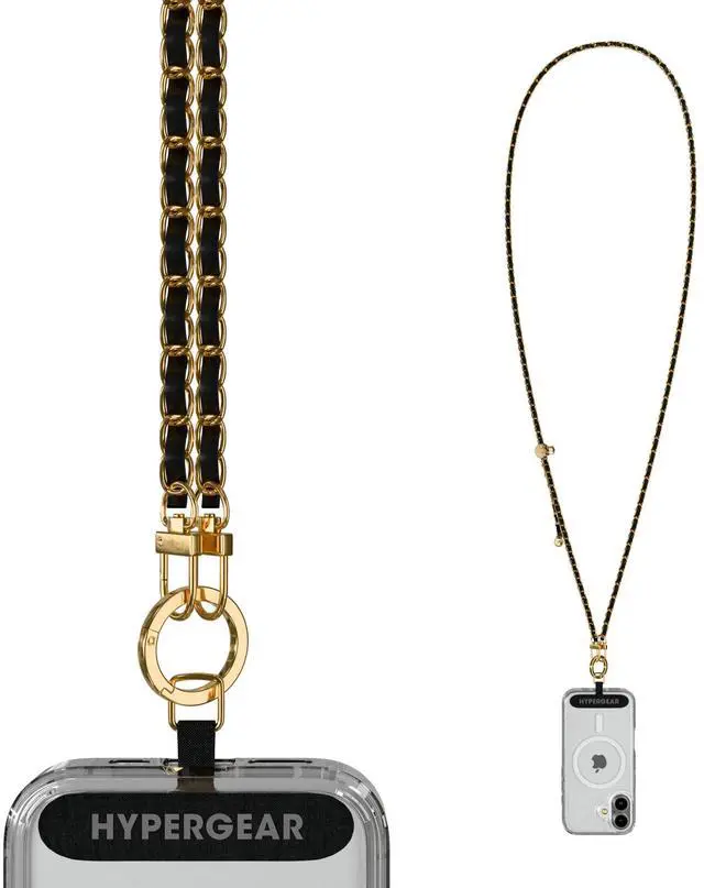 Main image of HyperGear TECHcessories Gold Chain with Black Vegan Leather Universal Crossbody Phone Strap