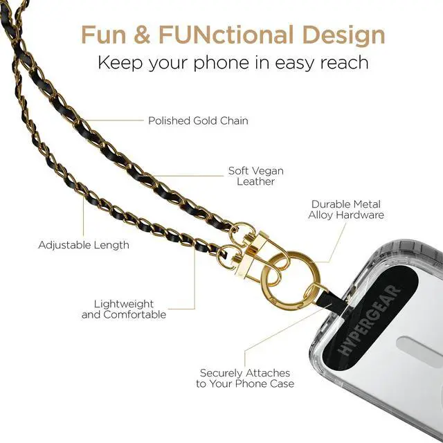 Alt view image 3 of 7 - HyperGear TECHcessories Gold Chain with Black Vegan Leather Universal Crossbody Phone Strap