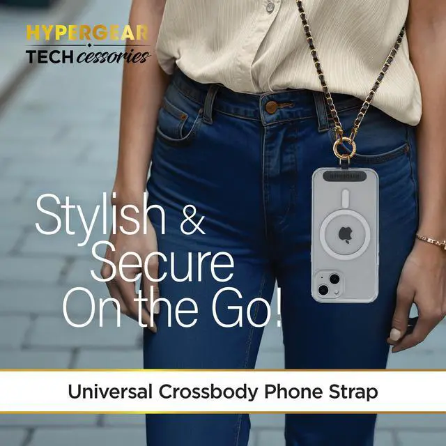 Alt view image 2 of 7 - HyperGear TECHcessories Gold Chain with Black Vegan Leather Universal Crossbody Phone Strap