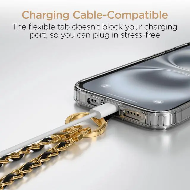 Alt view image 7 of 7 - HyperGear TECHcessories Gold Chain with Black Vegan Leather Universal Crossbody Phone Strap