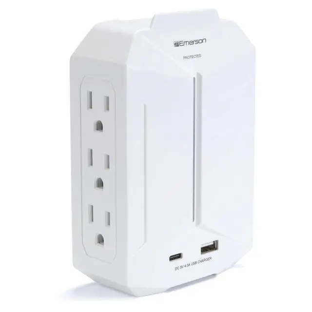 Alt view image 3 of 7 - Emerson 6-Outlet + USB Wall Charger with Surge Protection and LED Lighting