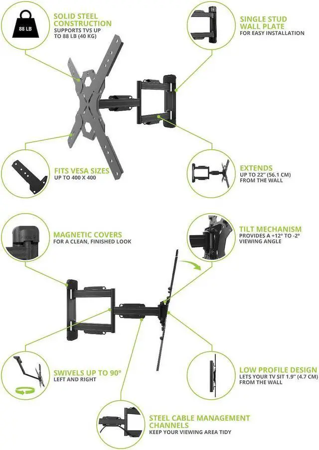 Alt view image 9 of 15 - Kanto PS300 Full Motion Mount for 26-inch to 60-inch TVs - Black