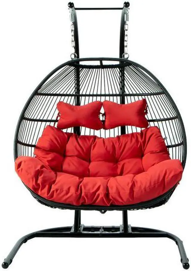 Alt view image 3 of 13 - LeisureMod Wicker 2 Person Double Folding Hanging Egg Swing Chair in Red