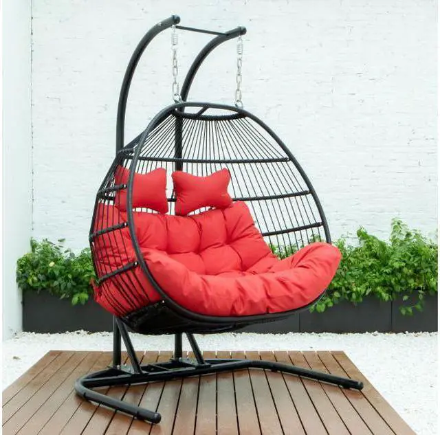 Alt view image 2 of 13 - LeisureMod Wicker 2 Person Double Folding Hanging Egg Swing Chair in Red