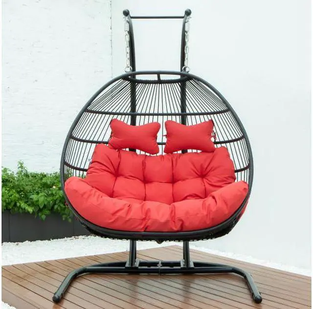 Alt view image 4 of 13 - LeisureMod Wicker 2 Person Double Folding Hanging Egg Swing Chair in Red