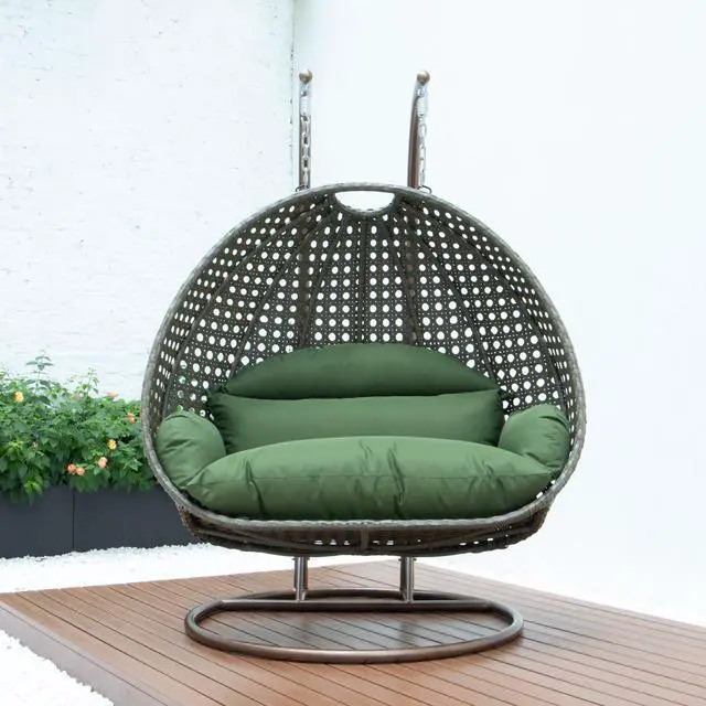 Alt view image 2 of 14 - LeisureMod Beige Wicker 2 person Double Hanging Egg Swing Chair in Dark Green