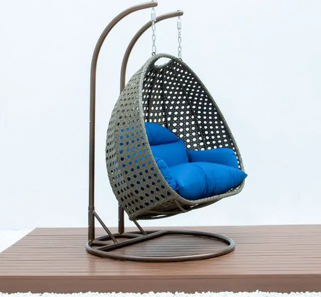 Alt view image 4 of 12 - LeisureMod Beige Wicker 2 person Double Hanging Egg Swing Chair in Blue