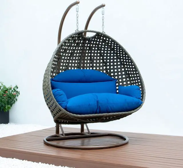 Alt view image 3 of 12 - LeisureMod Beige Wicker 2 person Double Hanging Egg Swing Chair in Blue