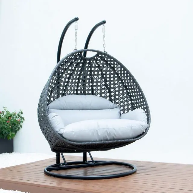 Alt view image 3 of 14 - LeisureMod Charcoal Wicker 2 person Double Hanging Egg Swing Chair in Light Grey