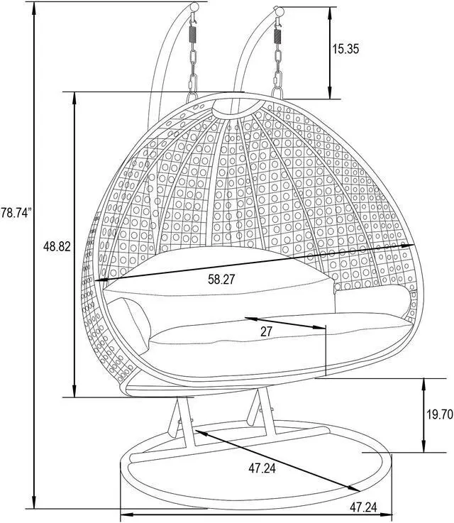 Alt view image 7 of 14 - LeisureMod Charcoal Wicker 2 person Double Hanging Egg Swing Chair in Light Grey