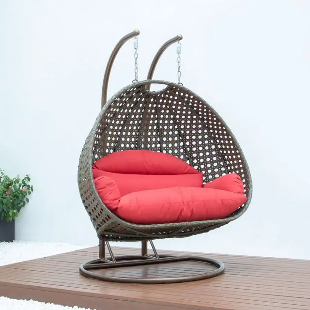 Alt view image 3 of 14 - LeisureMod Beige Wicker 2 person Double Hanging Egg Swing Chair in Red