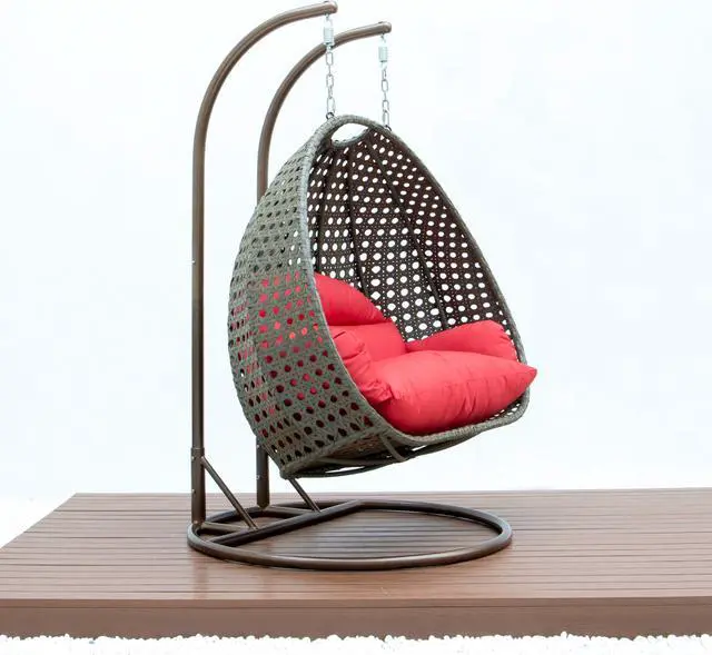 Alt view image 4 of 14 - LeisureMod Beige Wicker 2 person Double Hanging Egg Swing Chair in Red
