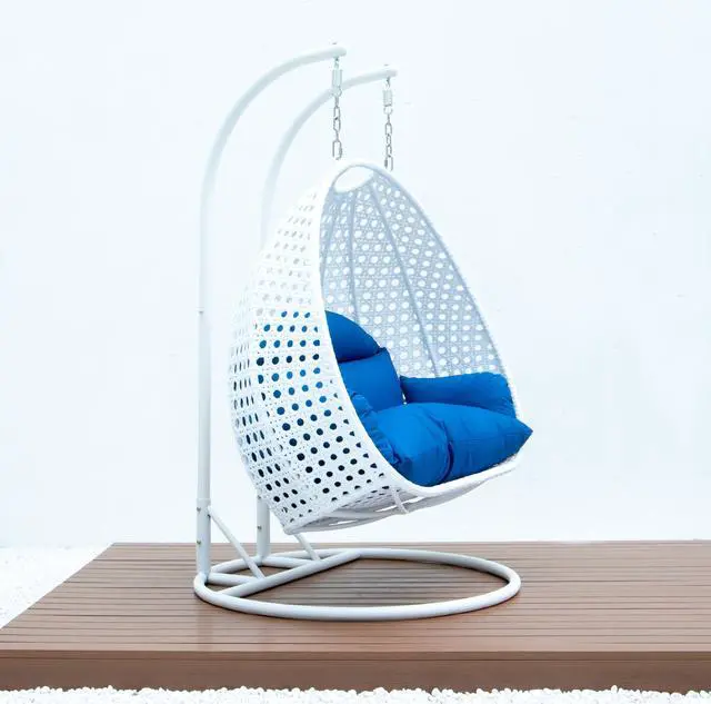 Alt view image 4 of 13 - LeisureMod White Wicker 2 person Double Hanging Egg Swing Chair in Blue