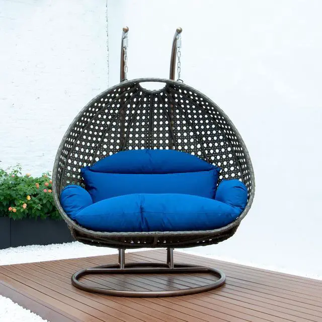 Alt view image 2 of 12 - LeisureMod Beige Wicker 2 person Double Hanging Egg Swing Chair in Blue